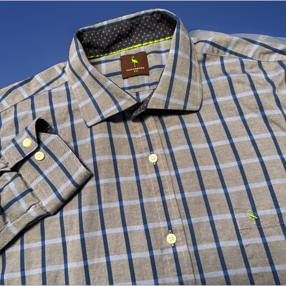 Tailorbyrd Shirt‎ Mens 2XL XXL Blue Plaid Long Sleeve Button Down Flip Cuff